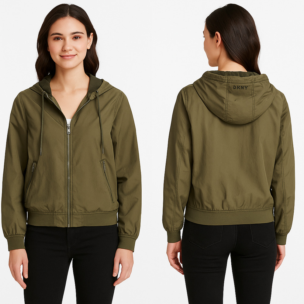 NWT DKNY Lightweight Hooded Windbreaker Jacket Olive Green Size Small